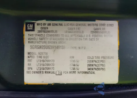 2003 Hummer H2 from USA, damaged, VIN 5GRGN23U63H149138